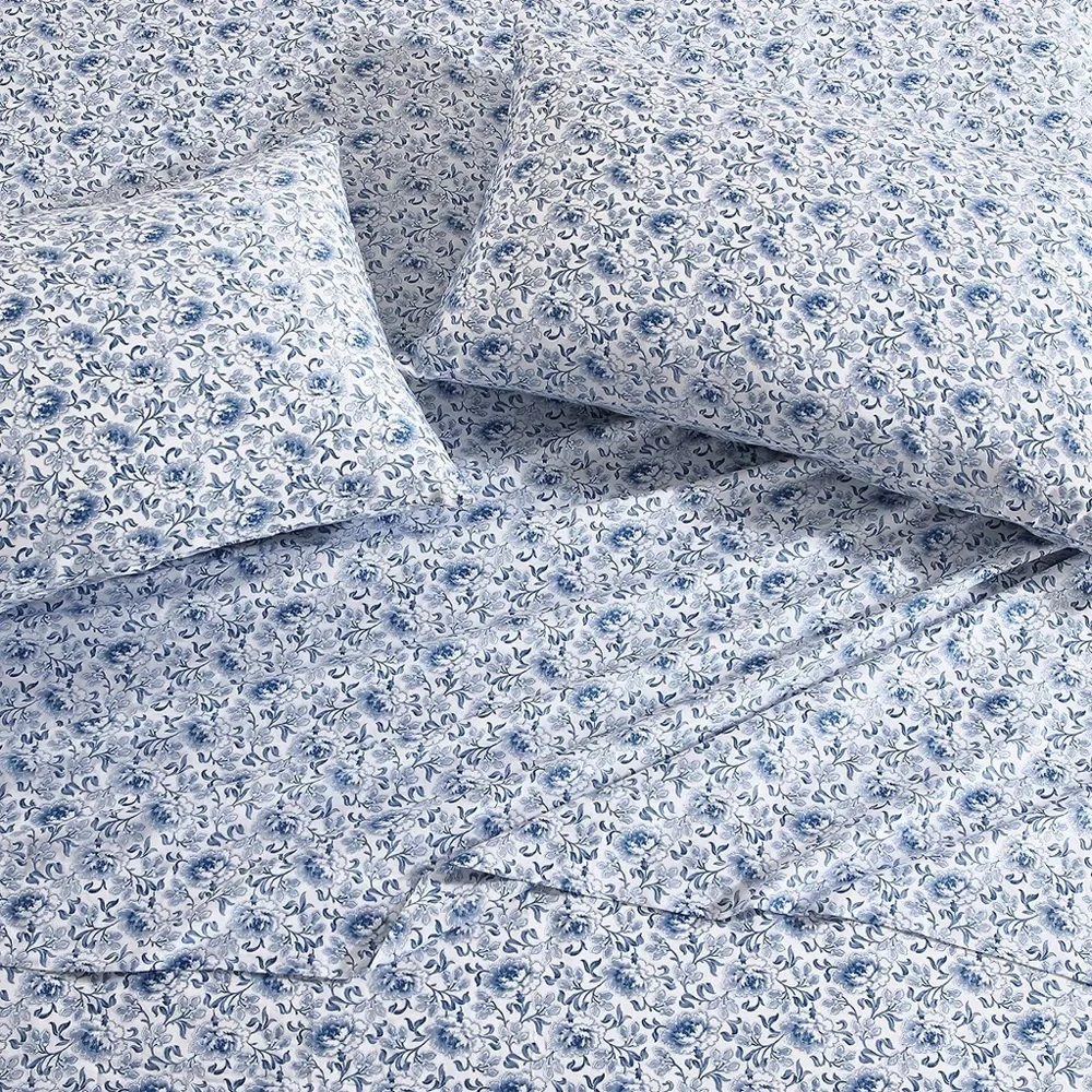Laura Ashley Lorelei Blue Cotton Sateen Pillowcases Set 2 Standard Floral NIB